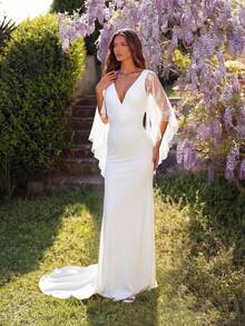 SHEIN 优雅纯色蕾丝拼接美人鱼孕妇装 - 白色 - 查看 2