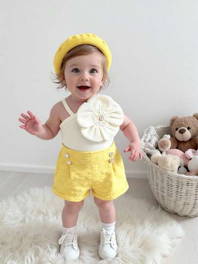 SHEIN Playful Pals Baby Girl Summer Elegant Sweet Solid Ribbed Asymmetric Strap Design Floral Decor Top Paired With Pink Striped Shorts Set, Suitable For Street Photography And Travel