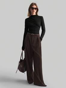 Ontre Áo sơ mi nữ công sở tay dài, màu cà phê mới, cổ xếp ly bất đối xứng, kiểu dáng tối giản, phong cách đô thị thường ngày, thích hợp mặc đi làm vào mùa xuân/hè 2026. - màu đen - Xem 6