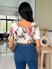 Vavine White Floral Print Ruffle Trim Short Sleeve Tie Front Cropped Top, Summer Boho Beach Vacation Holiday Brunch For Women - Multicolor - View 2