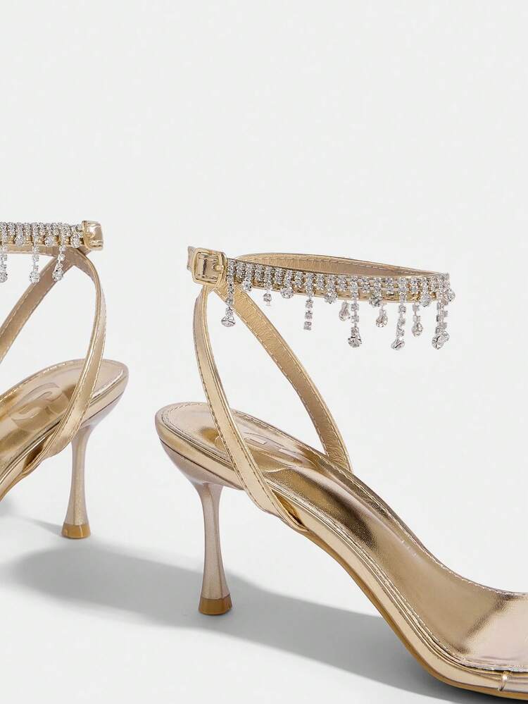 CUCCOO SZL Women Shoes Summer Pointed Slender Heel Champagne Transparent Film Rhinestone Chain Ankle Strap Open Toe Women's Sandals Sexy Fashion Gorgeous With Skirts Banquet Party Nightclub Women's High Heel Sandals