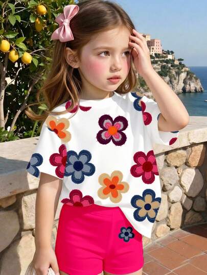 SHEIN 2pcs/Set Toddler Girls' Floral Print Short Sleeve Top And Shorts Set, Suitable For Spring & Summer