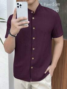 Manfinity VCAY Light Blue Short Sleeve Shirt - Textured Weave, Button Front, Chest Pocket. Men's Casual Summer Vacation Style. Relaxed Fit, Beach Resort Essentia - Purple - View 4