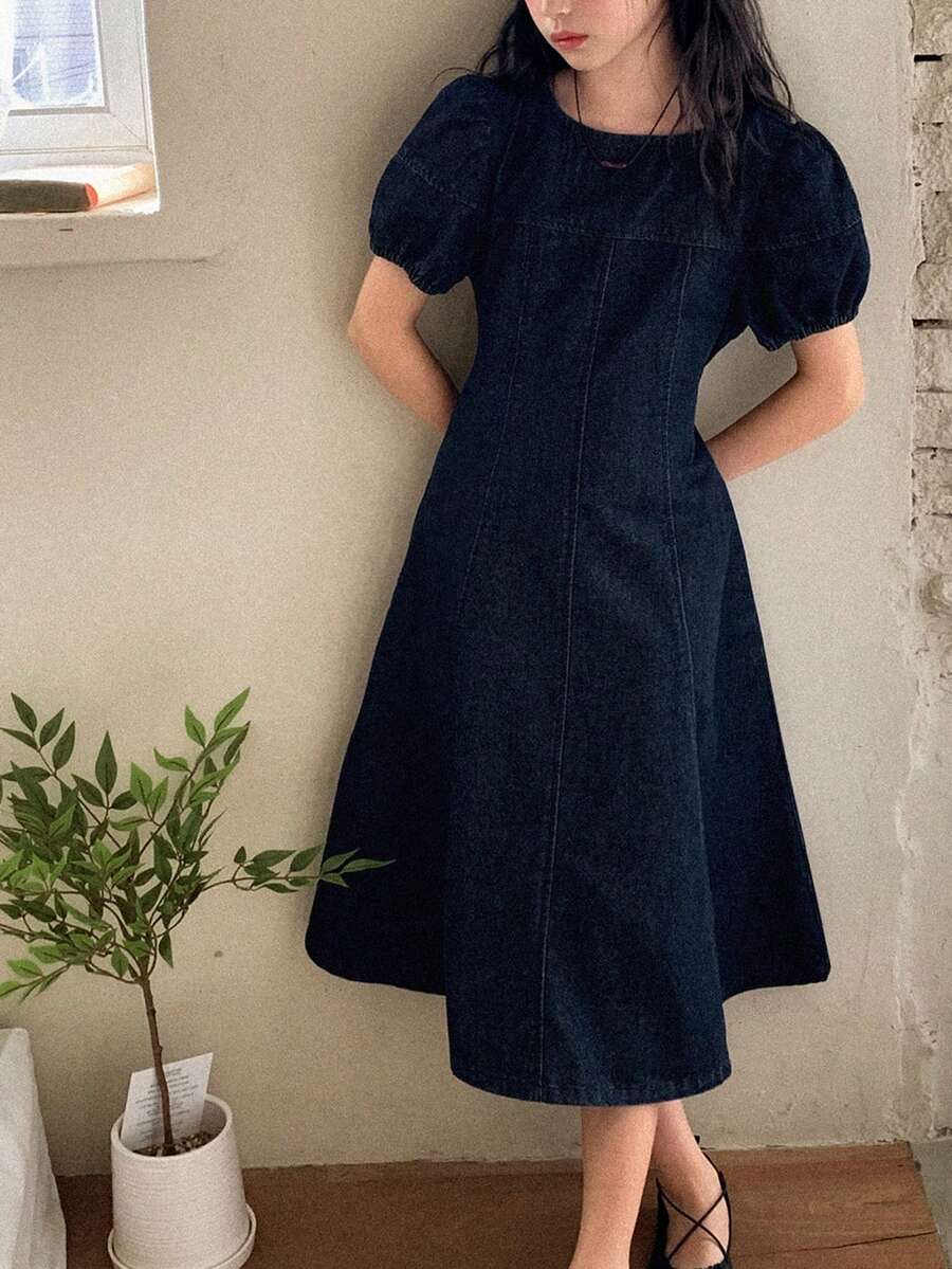 Đầm denim cổ tròn, tay phồng, phối nhiều mảnh vải, dành cho thiếu nữ - Rửa tối - Xem 1