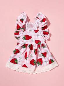 PETSIN 1件草莓樱桃白色卷边印花宠物连衣裙，轻柔透气度假风，带小飞袖，宠物服装 - 彩色 - 查看 3