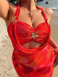 Sunnyshic Sexy Island Beach Resort Strapless Sleeveless Mesh Floral Print Dress, Plus Size - Orange - View 2