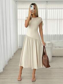 Easowa Women's Asymmetrical Asymmetric Shoulder Ruched Tie Bow Decor Dress - Apricot - View 3