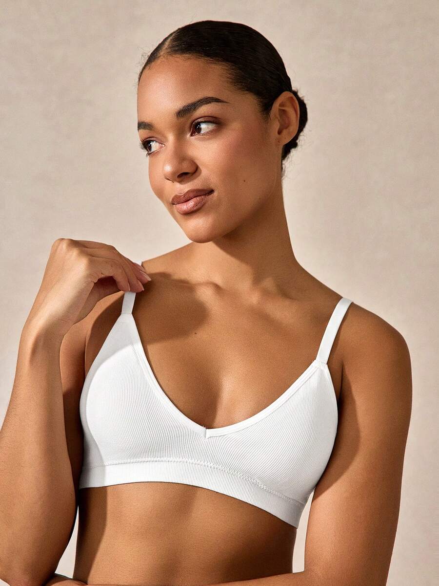 Veilyse 白色女用壓力式Bralette,露背休閒設計,V領Bralette,T恤式Bralette,Bralette內墊,女用Bralettes,白色V領內衣,適合夏季 - 白色 - 查看 1