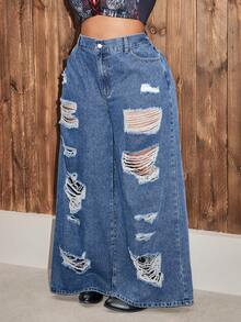 Slaydiva Plus Size Plain Simple Casual Distressed Denim Jeans - Blue - View 3