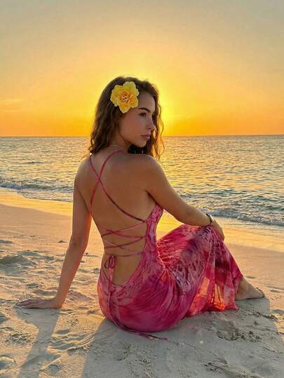 Aloruh 女士度假沙滩印花露背吊带连衣裙