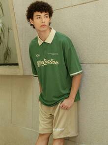 Manfinity Campus Court 宽松男士字母图案撞色领 Polo 衫 - 綠色 - 查看 3