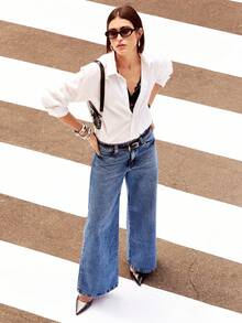 Daynim Quần jeans ống rộng cạp cao không thắt lưng - Rửa trung bình - Xem 9