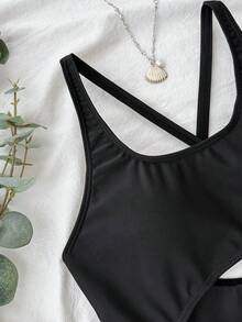 Teen Girl Black Solid Color Casual U-Neck Hollow-Out One-Piece Swimsuit,Minimalist Stylish Design For Summer Beach,Women's One Piece Bathing Suits - Black - View 5