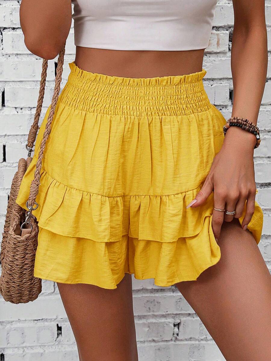 SHEIN Holidaya Pantalones culotte de verano con cintura de bolsa de papel de unicolor, dobladillo con volantes - Amarillo - Ver 1