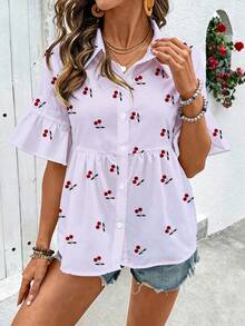 SHEIN Holidaya 女士新款夏季清新白领衬衫，樱花印花，褶裥喇叭袖，宽松版型，休闲百搭，适合通勤、度假和休闲穿着。 - 紫色 - 查看 5