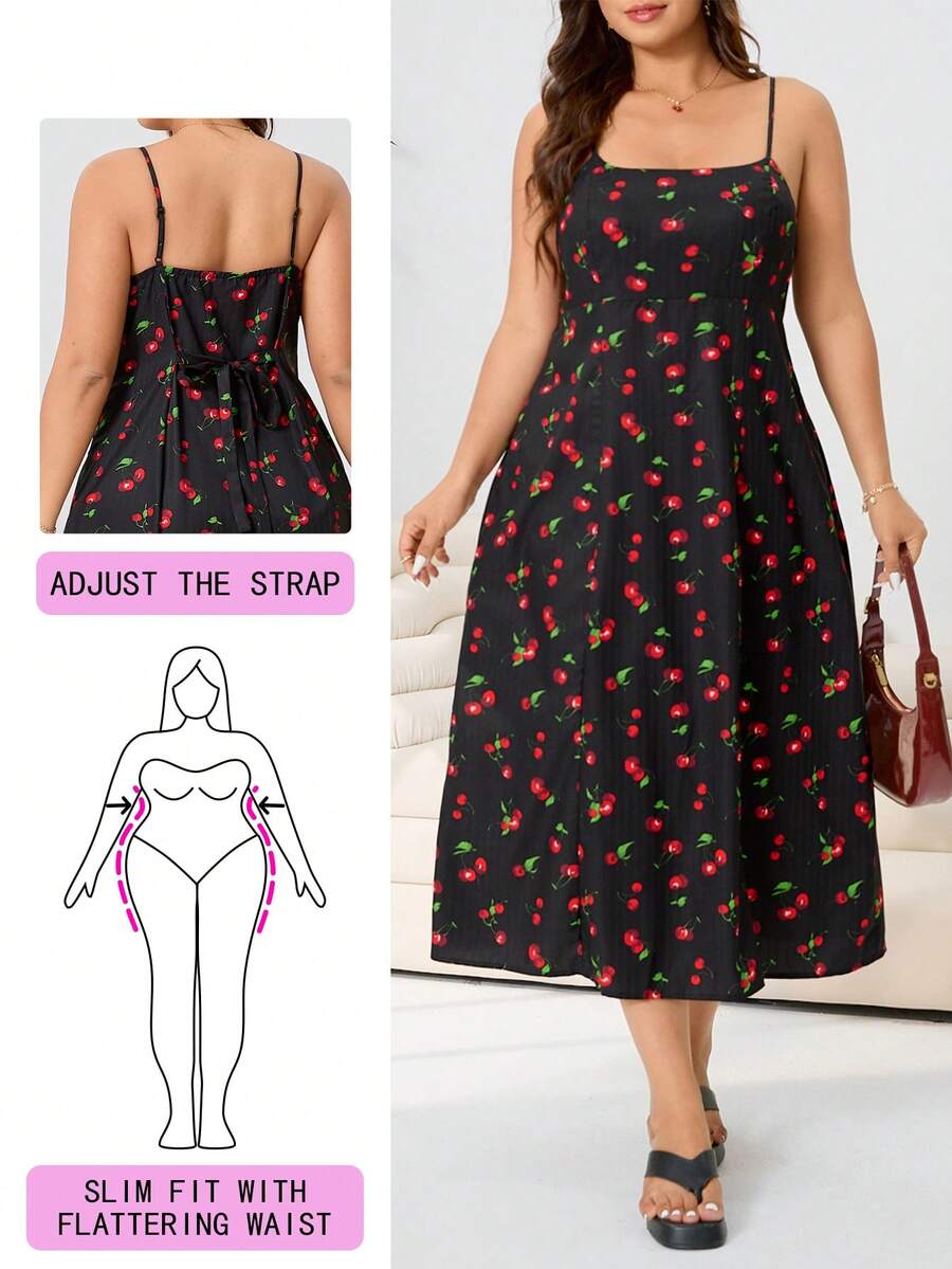 Solflare 大码女式休闲樱桃印花无袖连衣裙，春夏款