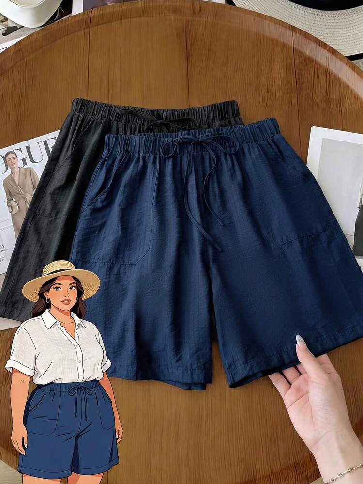 Plus Size Women's Casual Solid Color Shorts, Summer,Summer Outfits,Spring Clothes Women,Going Out Outfits,Holiday Outfits For Women,Casual Outfit For Women,Beach Vacation Outfits For Women Shorts Women Summer Shorts Casual Shorts Wide Leg Shorts Loose Shorts Women's Shorts Summer Work Shorts For Women Women's Casual Shorts 2pcs Shorts