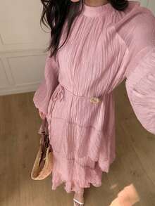 Solavon Nuevo vestido de playa con volantes y lazada en la cintura, con flujo y favorecedora, ideal para vacaciones - Rosa - Ver 5