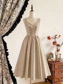 xheVintamour Vestido vintage elegante para mujer con bolsillos, cruzado, con cadena y botones metálicos, vestido informal para vacaciones de otoño.xhe - Albaricoque - Ver 7