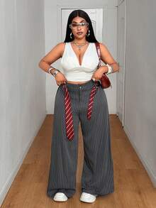Maweii 大码女式灰白条纹直筒裤，抽绳腰带，休闲街头风 - 灰色 - 查看 6