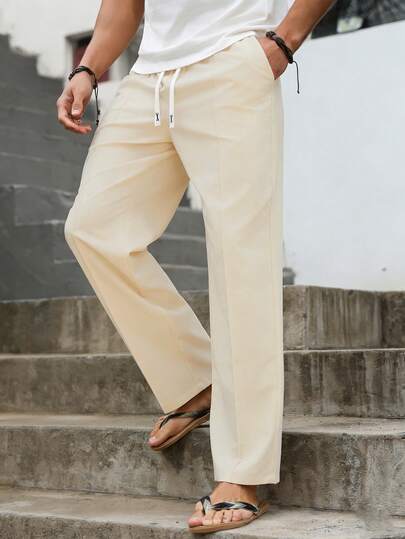 VENTUSAIL Quần dài nam màu be xếp ly dáng suông, thích hợp cho mùa xuân/hè.