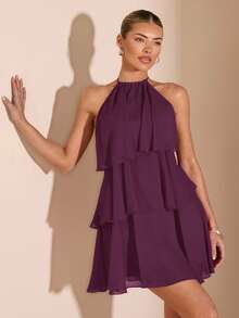 Vestido corto de gasa rojo sólido con hojas de loto en cascada, apropiado para citas diarias, salidas nocturnas, discotecas, fiestas, reuniones, fiestas de cócteles, fiestas de piscina, ropa de vuelta al colegio, vestidos de temporada escolar, vestidos de vacaciones, faldas tutú - Rojo violeta - Ver 5
