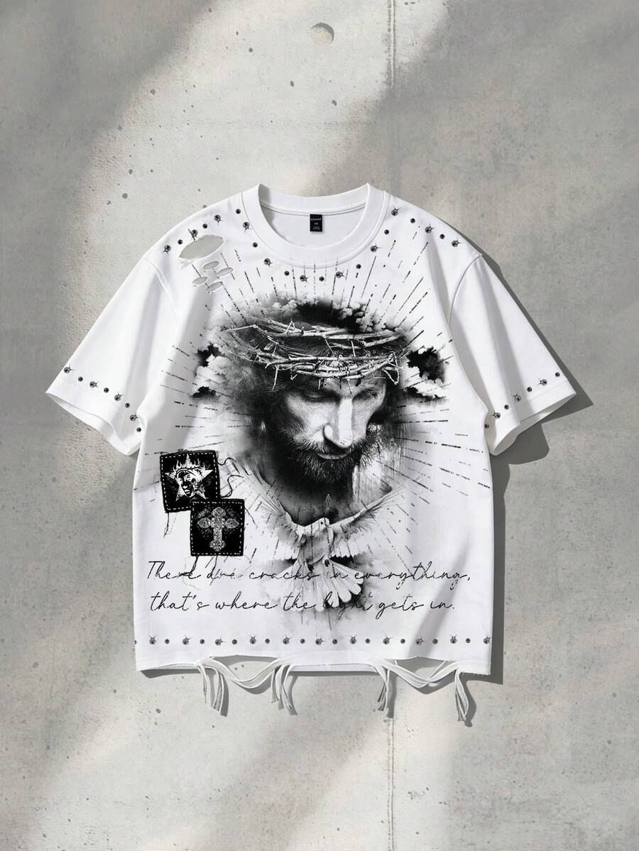 ROMWE MEN Street Life Men's Street Style Jesus Print Short Sleeve T-Shirt - White - View 1