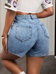 BamGleam Short en jean décontracté pour femmes avec boutons décoratifs pour l'été - Jean bleu - Voir 2