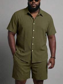 KRYTIVO Plus Size Men's Solid Color Short Sleeve Shirt And Shorts Casual Set - Army Green - View 1