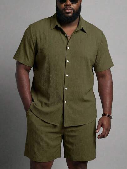 KRYTIVO 大码男士纯色短袖衬衫和短裤休闲套装