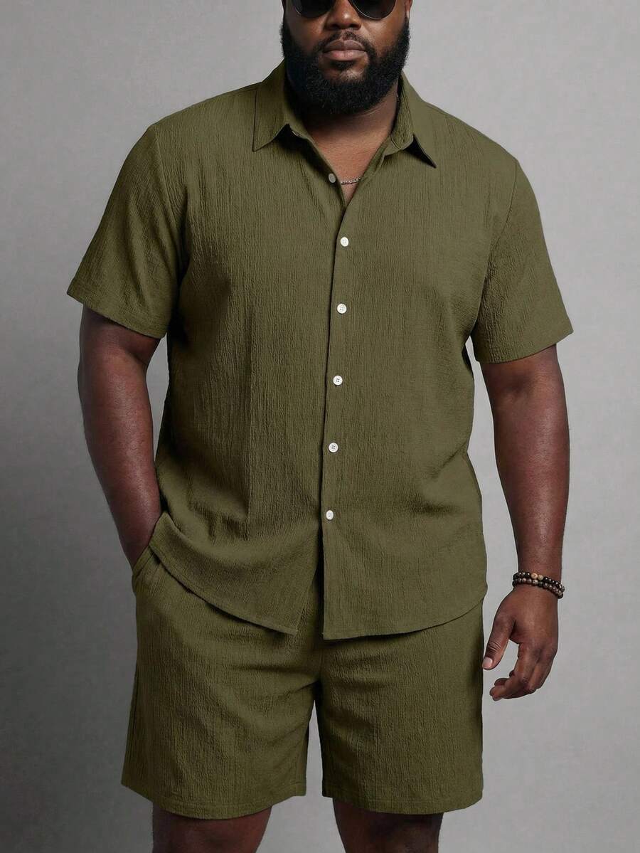 KRYTIVO Plus Size Men's Solid Color Short Sleeve Shirt And Shorts Casual Set - Army Green - View 1