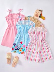 SHEIN Genkimix Kids 这款女童连体裤套装设计清新，充满夏日气息，饰有荷叶边领口、系带肩带和纽扣点缀。弹性腰身带来舒适贴合的穿着体验。短裤版型宽松休闲，适合外出和休闲等各种场合。三种款式各具特色：纯粉色柔美甜美，蓝白条纹花卉活泼俏皮，粉色竖条纹简洁百搭，满足不同审美需求。是夏季衣橱的理想之选。 - 彩色 - 查看 2