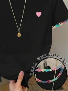 Resyla Women's Casual Contrast Trim Embroidered T-Shirt, Summer - Black - View 5