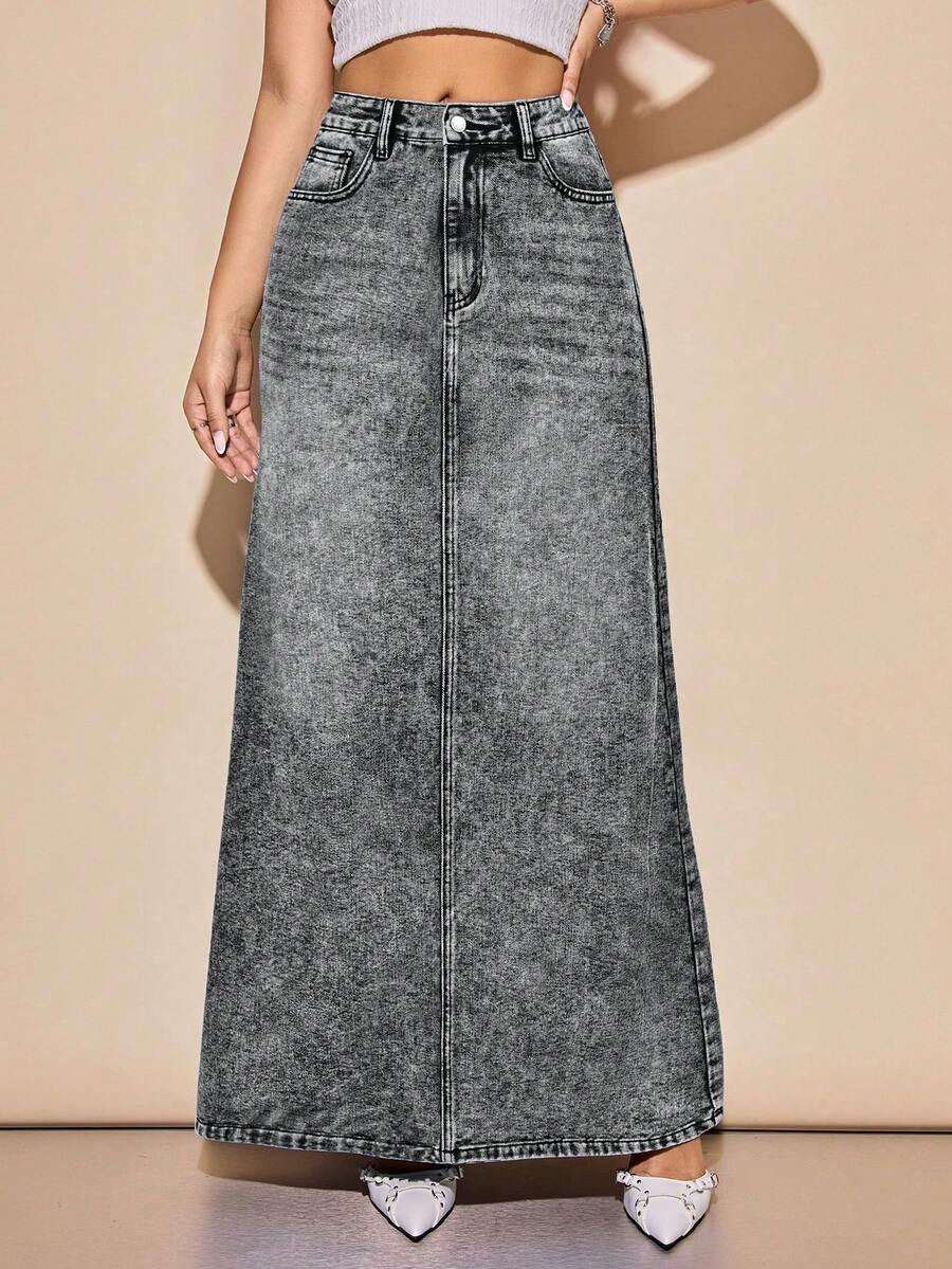 Rivivi Chân váy denim dáng chữ A siêu dài dành cho nữ - Xám - Xem 1