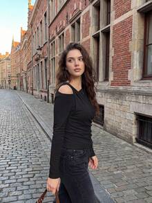 DAZY Women's Elegant 2 In 1 Splice Shoulder Long Sleeve T-Shirt, Slim Fit, Suitable For Spring And Summer - Black - View 9
