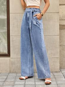 Selenza Quần jeans nữ thanh lịch với họa tiết nụ hoa ở eo, thích hợp cho mùa hè. - Rửa trung bình - Xem 6