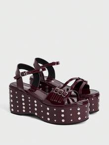Sugerpunk 女士铆钉扣金属丝厚底凉鞋。 - 酒紅色 - 查看 2