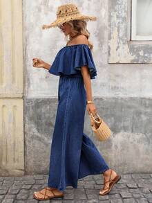 Brillora Bộ jumpsuit denim ống rộng trễ vai bèo nhún phong cách thường ngày mùa hè dành cho nữ - Rửa tối - Xem 6