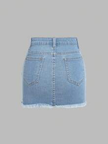 SHEIN MOD Plus Size Women Summer Casual Fashionable Street Chic Daily Commute Distressed Frayed Hem Short Denim Skirt - Light Wash - View 2