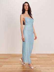 lacRébo Đầm midi lưới kẻ caro xanh dương cổ đổ, đầm dạ hội kẻ sọc, đầm xanh thanh lịch, đầm hẹn hò, đầm đi nghỉ mát, đầm xuân hè, phong cách Pháp, phong cách Paris. - Màu xanh lam - Xem 3