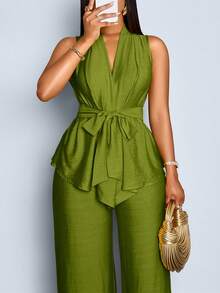 SOLERSUN Plus Size Women's Solid Color Knotted Waist Sleeveless Shirt And Wide Leg Pants Casual 2-Piece Set - Army Green - View 1
