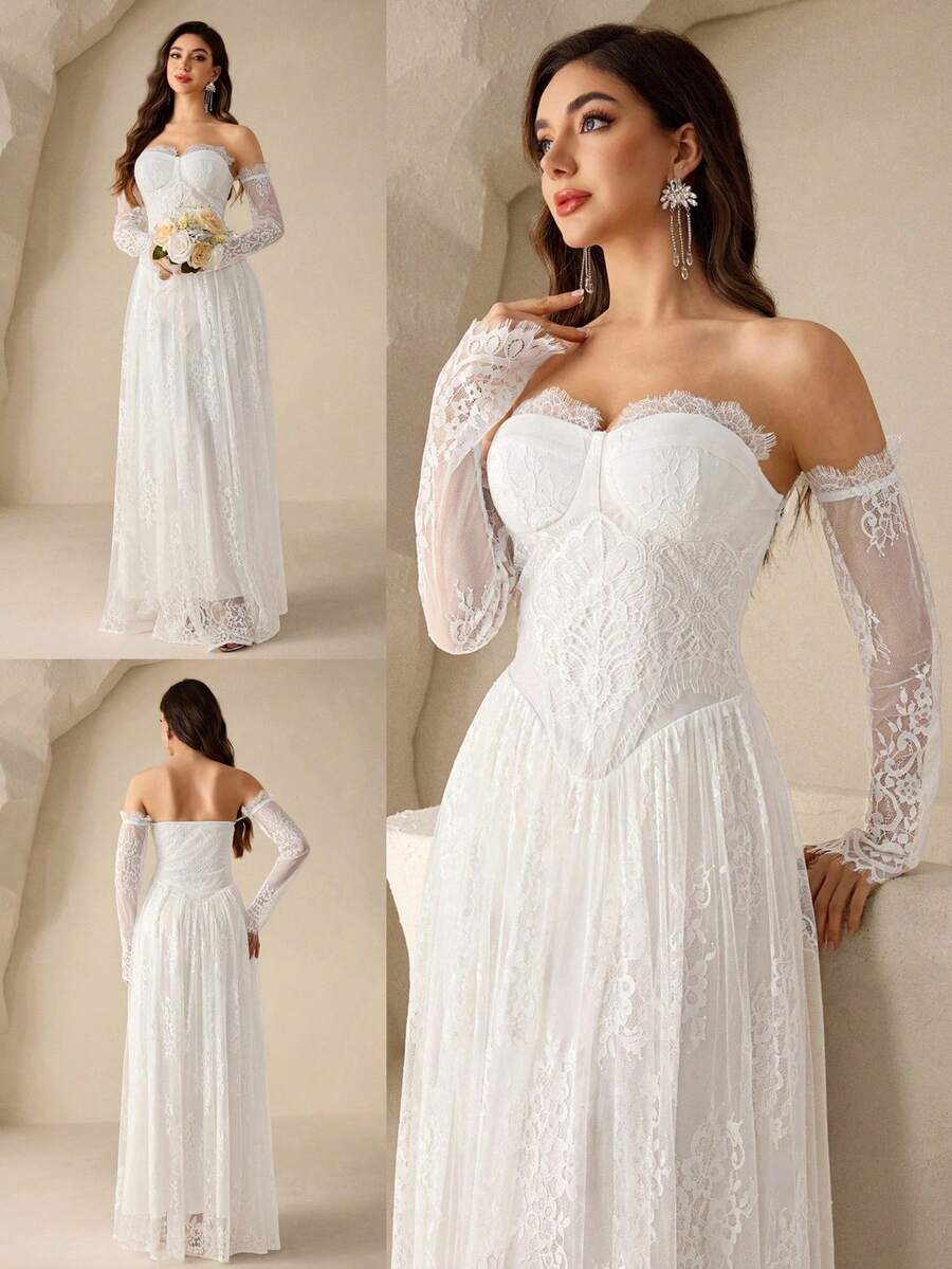 Coutiva New Arrival Long Sleeve Lace Fashionable Slimming Off-Shoulder Wedding Dress Wedding Dresses For Women Bridal Dresses Lace Wedding Dress Strapless Wedding Dress Long Sleeve Wedding Dress White Lace Dresses Strapless Dresses Off Shoulder Dresses - White - View 1