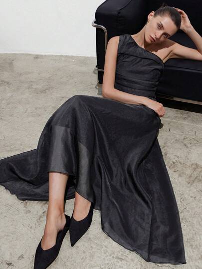 Aveloria Modichic Long Maxi Dress Shimmer Organza Textured Fabric One Shoulder A-Line Fit Pleated One-Shoulder Asymmetric Layered Ruffled Design Minimalist Elegant Party Dresses For Women Formal Dresses For Women Black Dress For Women Elegant