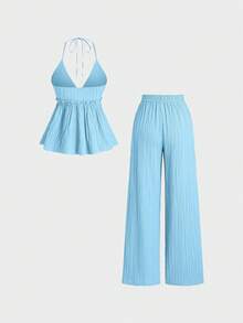 Sweetra Women's Romantic Tie-Front Asymmetric Hem Halter Top And High Waist Elastic Waist Textured Pants 2 Pieces Set - Blue - View 2