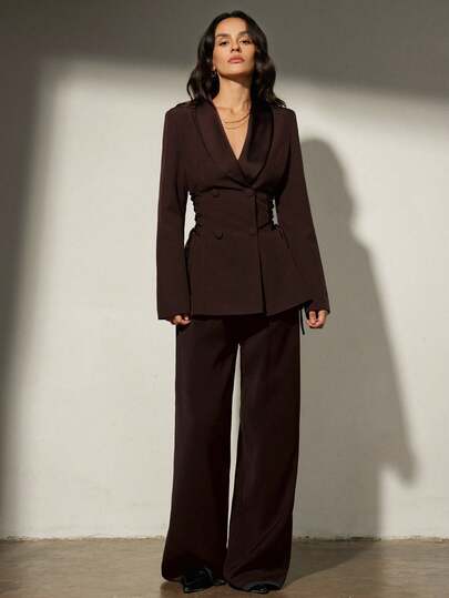 Aveloria Modichic Satin Patchwork Lace-Up Women's Blazer Jacket + Casual Flare Pants Suit
