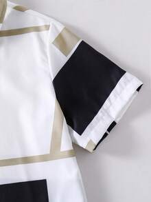 Vacaura 2 piezas Conjunto de estilo retro para niños, camisa polo con estampado geométrico de color contrastante emparejada con pantalones cortos sueltos, adecuado para primavera/verano casual, eventos escolares, diseño atemporal, duradero, esquema de color neutro con estética elevada - Blanco - Ver 6