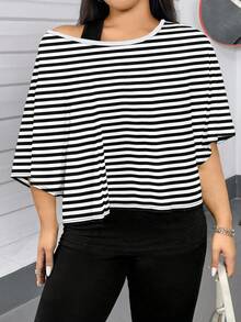 SHEIN Essnce 大码女装春夏时尚休闲度假日常通勤黑白条纹蝙蝠袖宽松T恤和背心两件套 - 彩色 - 查看 3