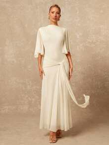 Đầm dài tay xòe rộng, cổ thuyền, chất liệu lưới nhiều lớp, mềm mại, có thắt eo, dành cho nữ. - Màu be - Xem 6