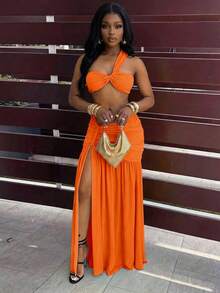 BamGleam Top de un solo hombro corto, falda larga de parche con volantes de malla, conjunto sexy de 2 piezas para vacaciones en la playa para mujeres - Naranja Coral - Ver 1