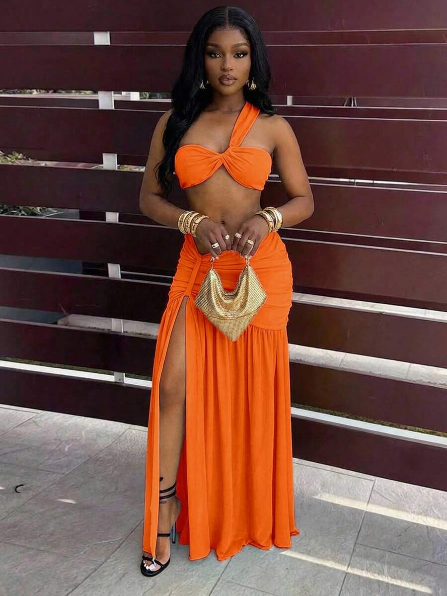 BamGleam Top de un solo hombro corto, falda larga de parche con volantes de malla, conjunto sexy de 2 piezas para vacaciones en la playa para mujeres - Naranja Coral - Ver 1